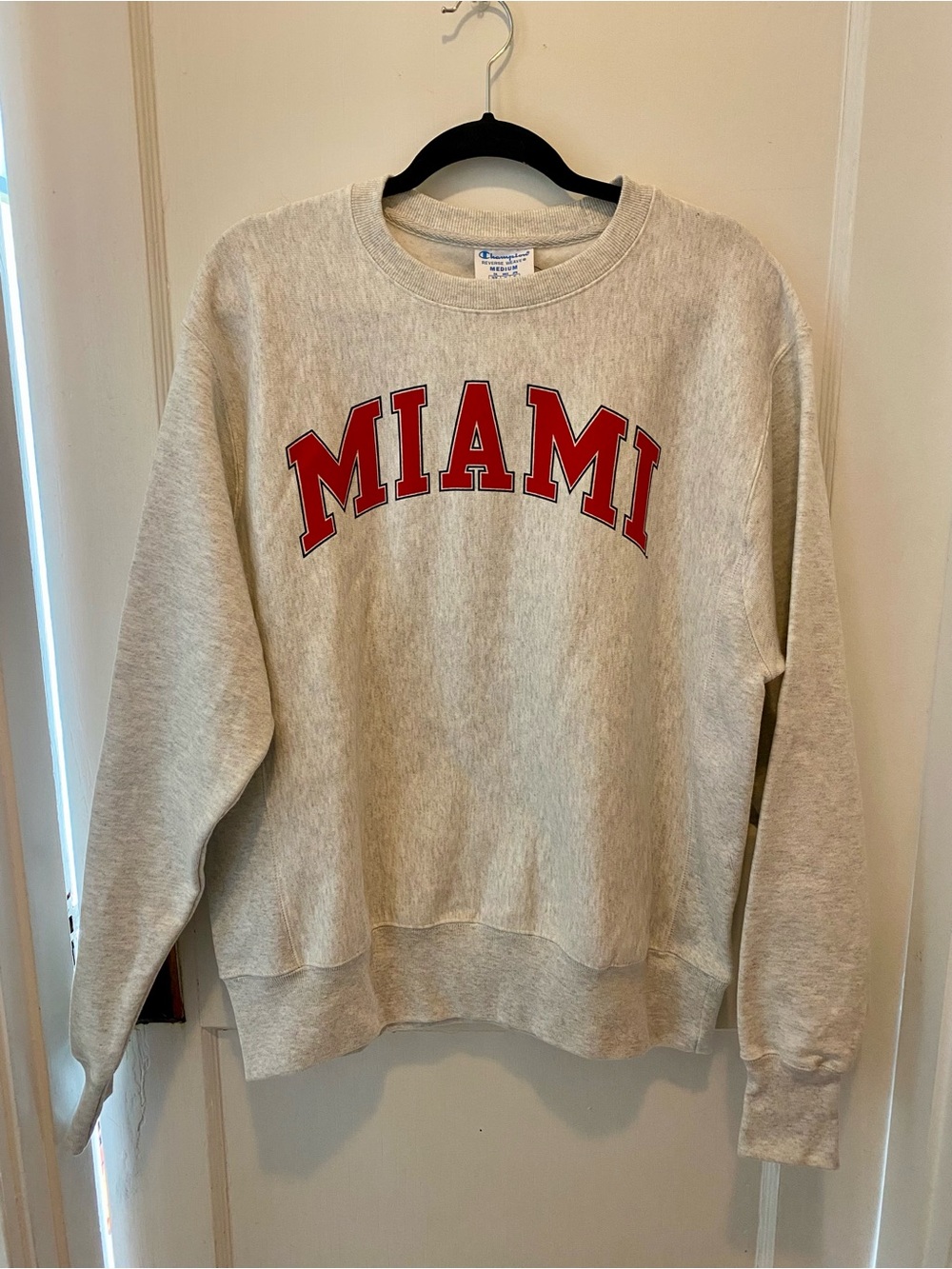 Miami of Ohio Champion Gray Crewneck Sweatshirt with Red Miami